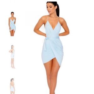 OhPolly light blue asymmetrical mini wrap dress
